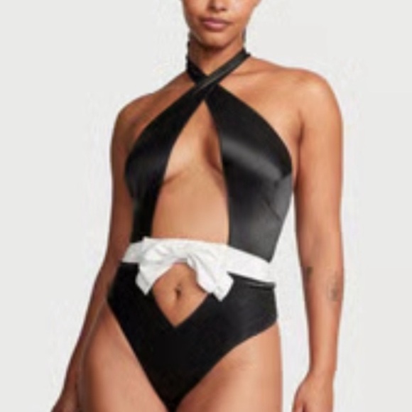 New! Victoria's Secret Tuxedo Bow-Topped High-Neck Teddy bodysuit 3154 - Picture 2 of 8